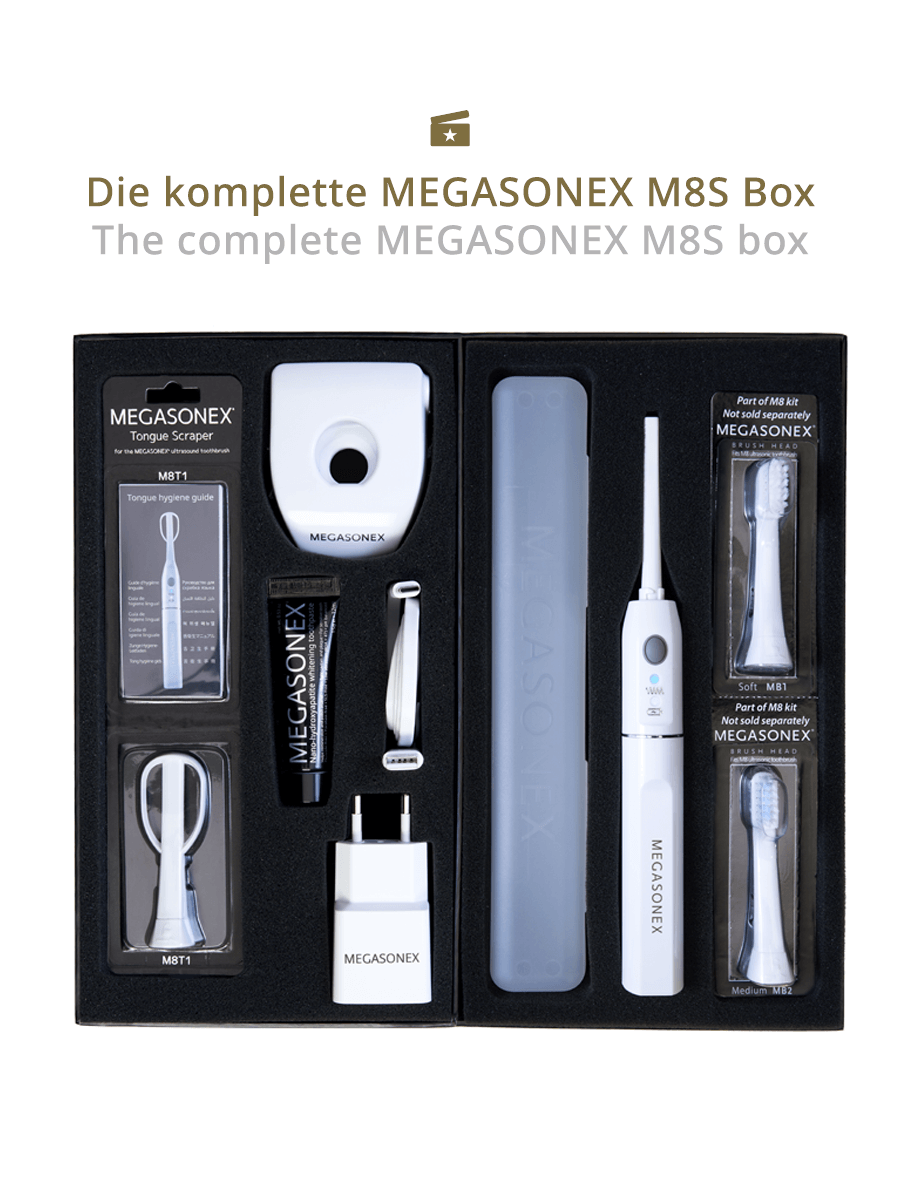 MEGASONEX M8 S Ultraschall-Zahnbürste + 2 Paar Bürstenköpfe