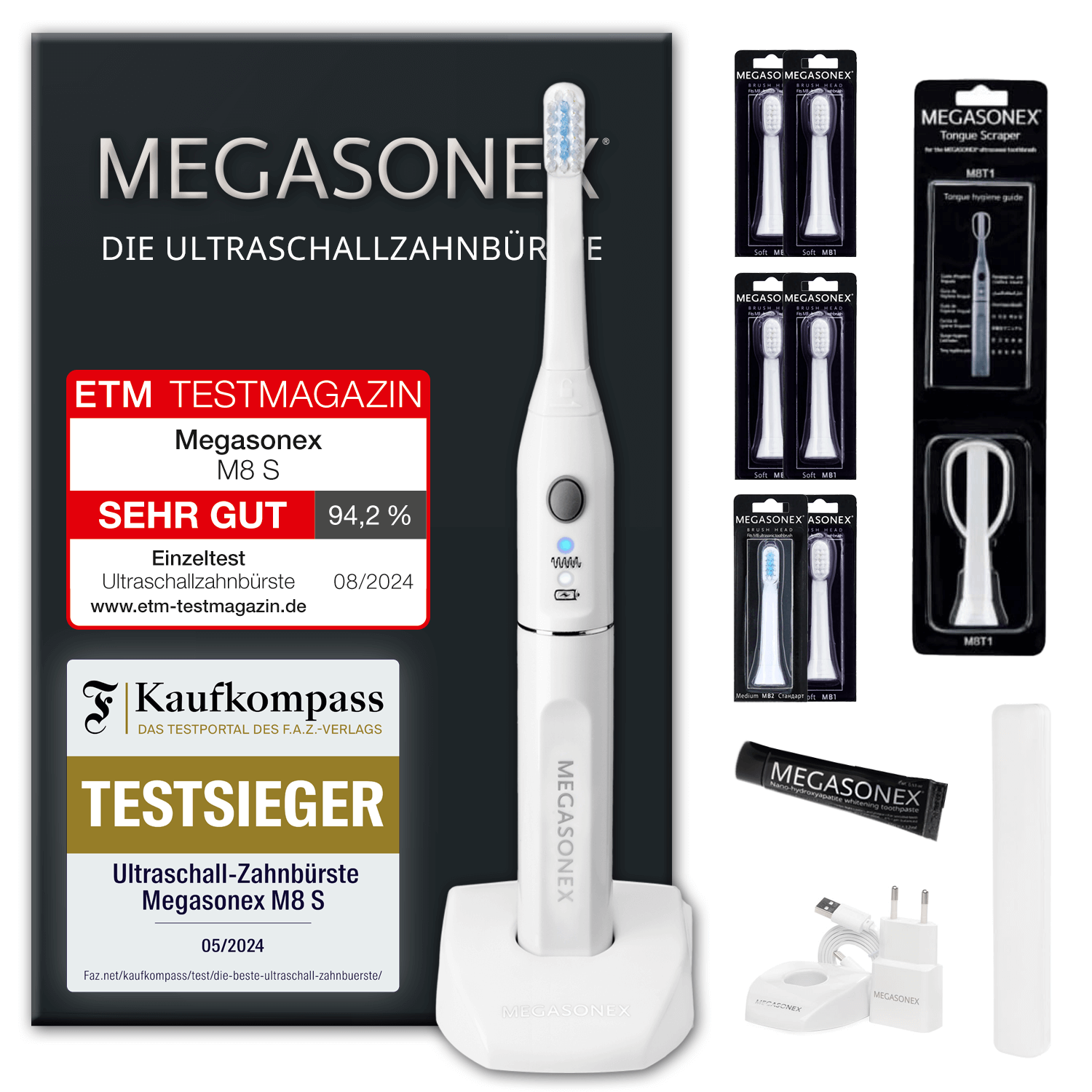 MEGASONEX M8 S Ultraschall-Zahnbürste + 2 Paar Bürstenköpfe