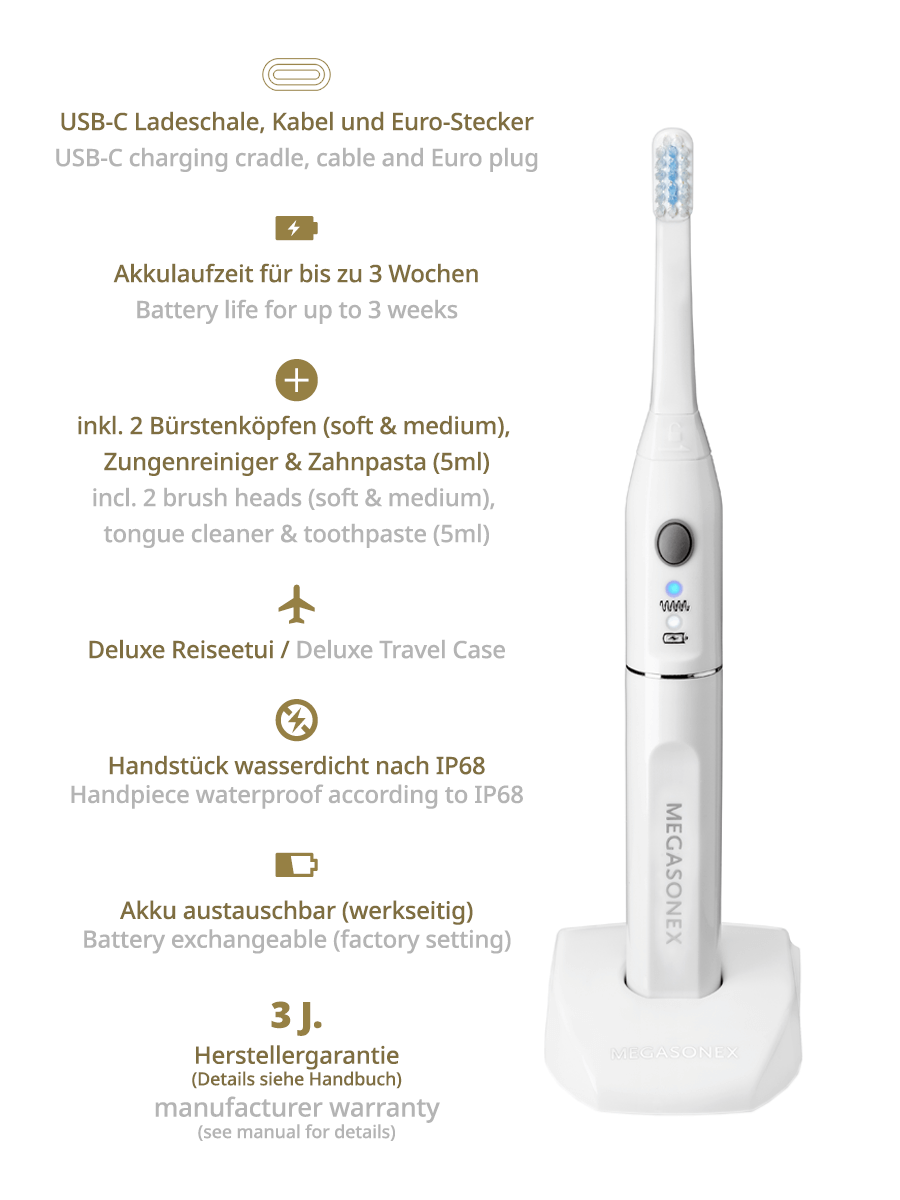 MEGASONEX M8 S Ultraschall-Zahnbürste + 2 Paar Bürstenköpfe