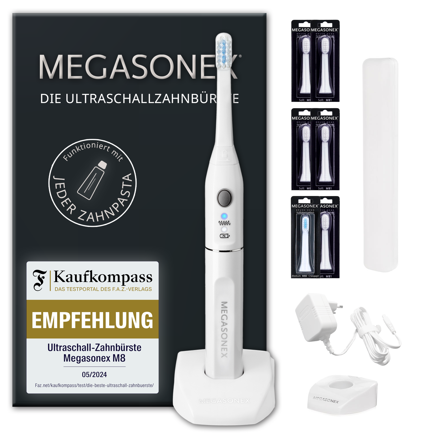 MEGASONEX M8 Ultraschallzahnbürste + 2 Paar Ersatzbürstenköpfe