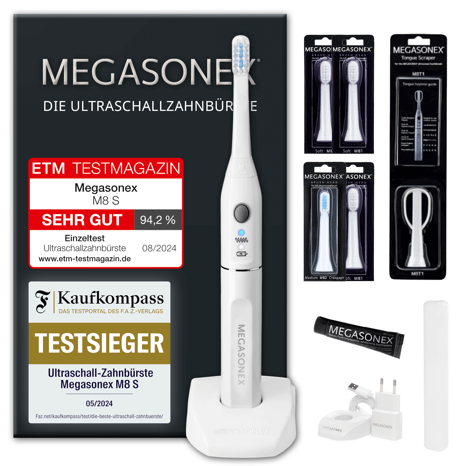 MEGASONEX M8 S Ultraschall-Zahnbürste + Bürstenköpfe